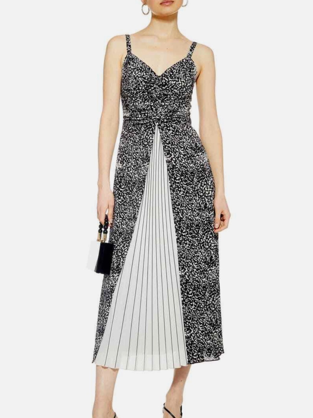 Black & White Pleated Panel Midi Dress